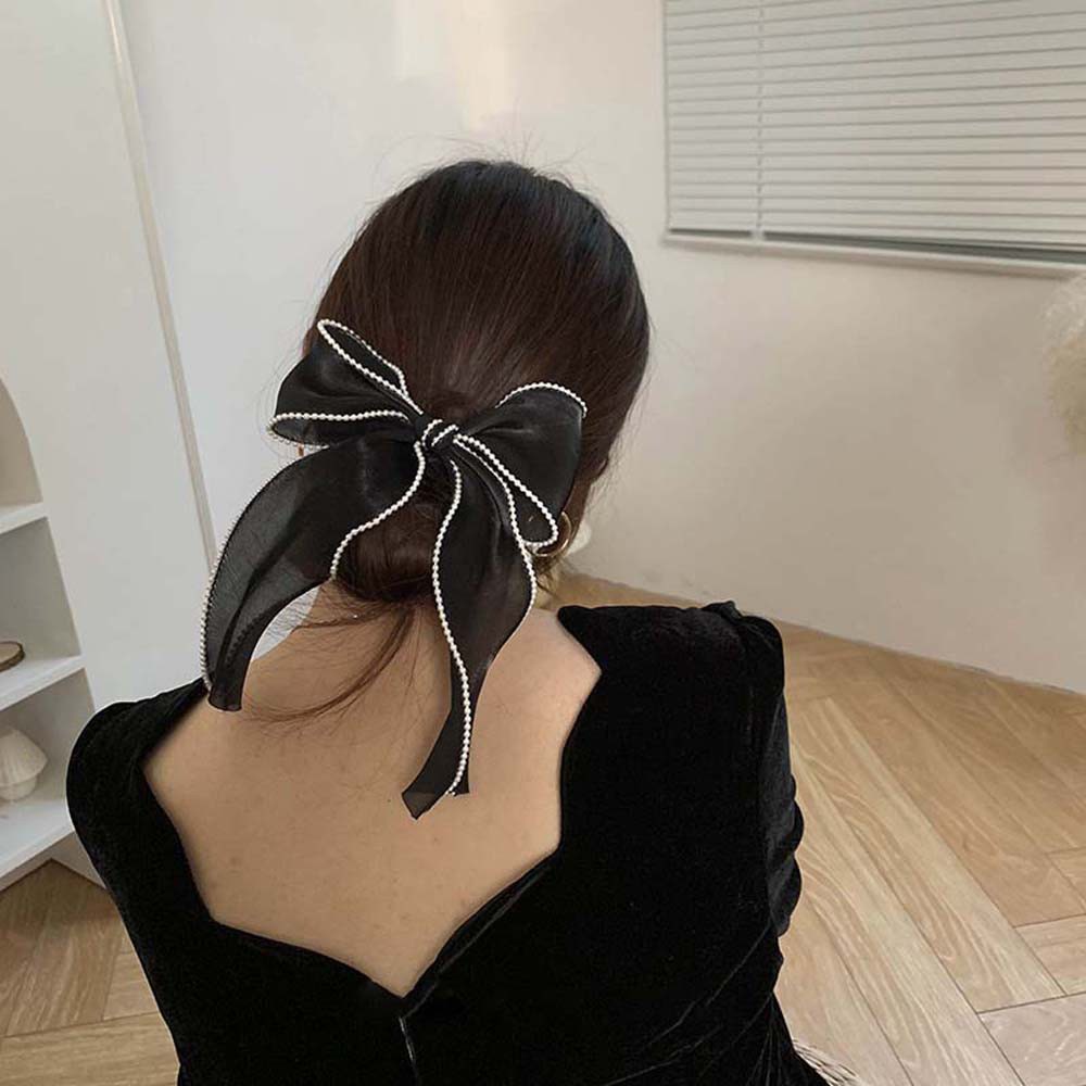 Kẹp Tóc Hình Nơ Bằng Vải Lụa Đính Hạt Ngọc Trai Thời Trang Hàn Quốc Cho Nữ