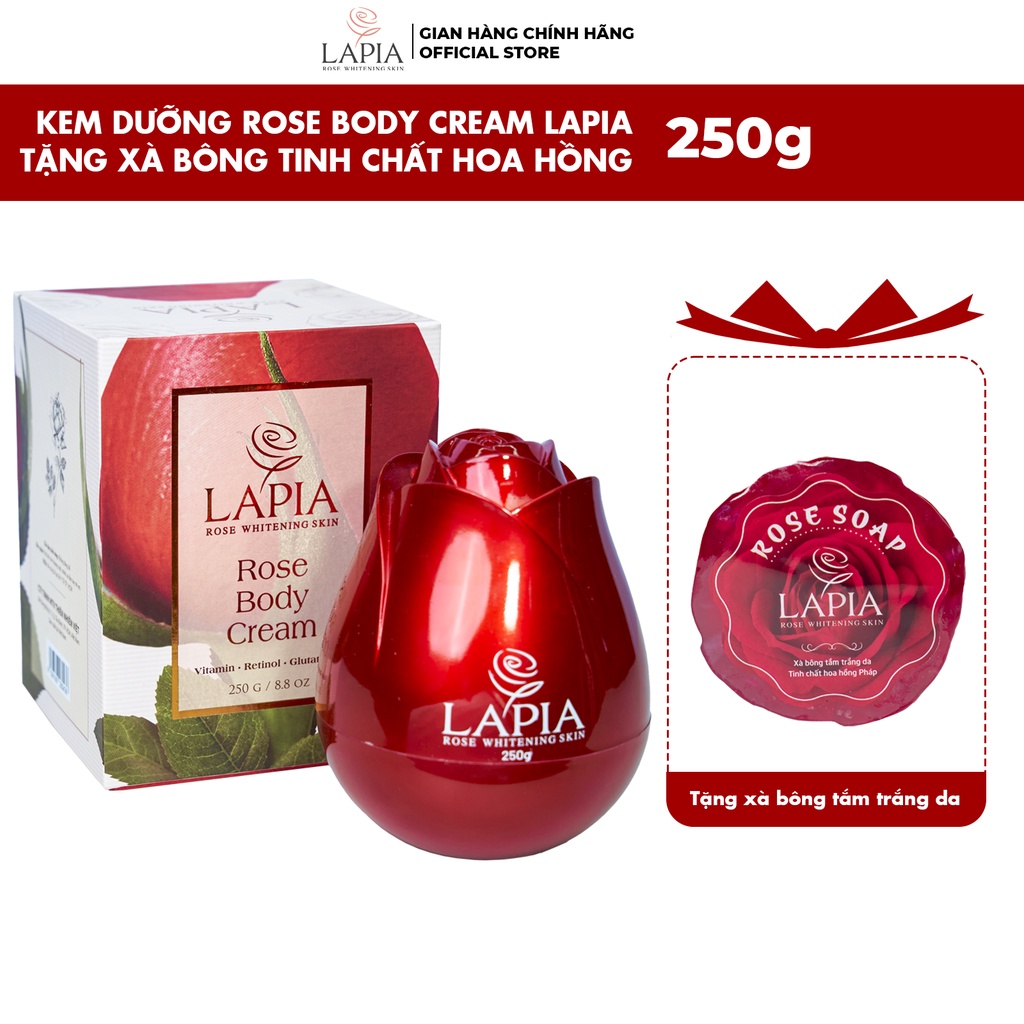 Lapia Rose Body Cream Cấp Ẩm Dưỡng Trắng, Giảm Nếp Nhăn, Tăng Sức Đàn Hồi Cho Da 250g Tặng Xà Bông Tinh Chất Hoa Hồng