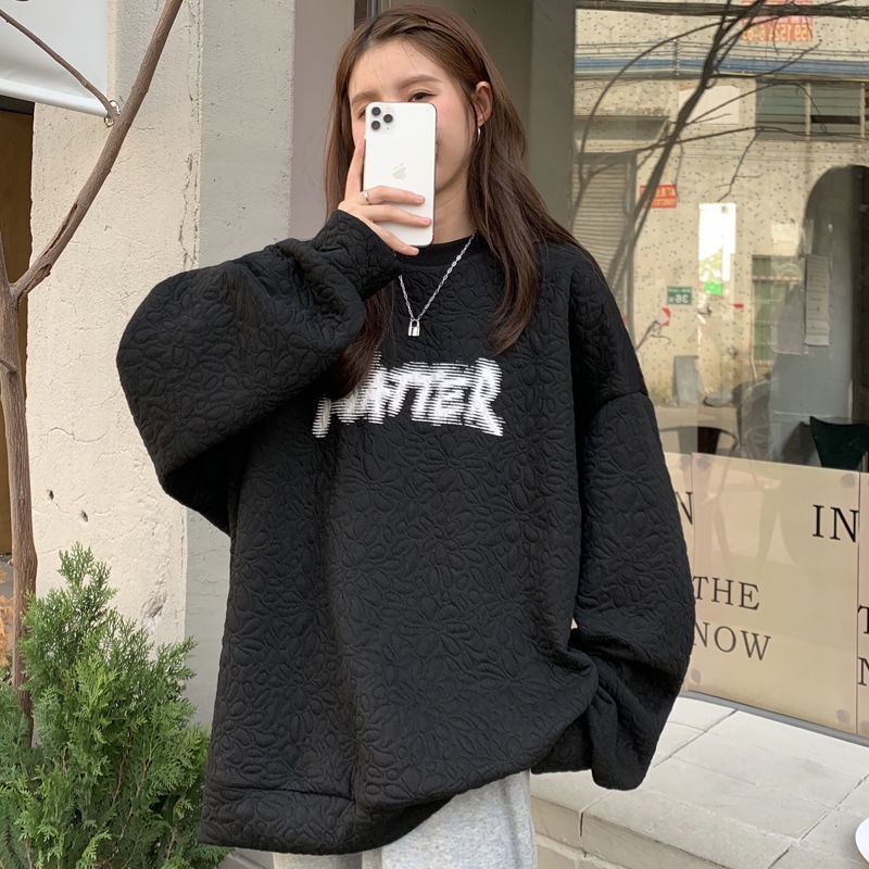 Áo sweater nữ tay dài dáng rộng in hình thời trang