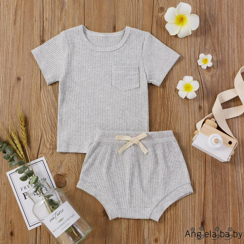 Newborn Baby 2-piece Outfit Set Short Sleeve Solid Color Tops+Shorts Set for Kids Boys Girls