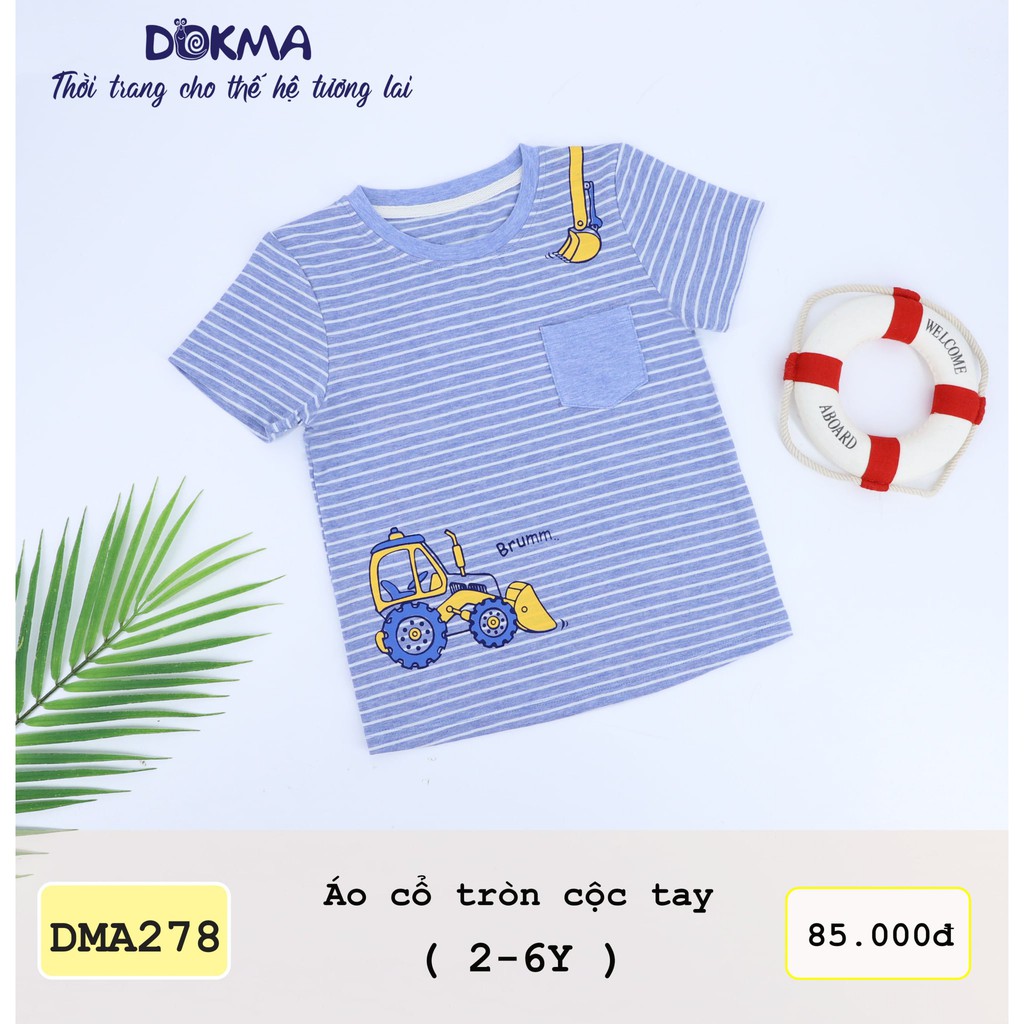 DMA278 Áo cổ tròn cộc tay bé trai Dokma kẻ ngang phối túi vải sợi tre (2-6T)