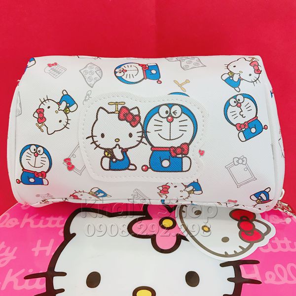 Hộp bút, bóp viết, túi đựng dụng cụ trang điểm, mỹ phẩm 1 ngăn nhiều hình Doremon và Hello Kitty màu trắng viền đỏ