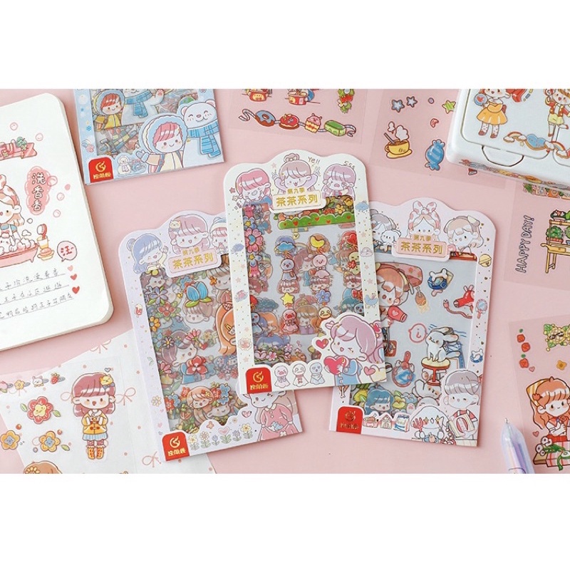 Sticker cute/Set 4 tấm hình dán dễ thương trang trí sổ planner bullet journal Hàn Quốc Tẻn Tẻn