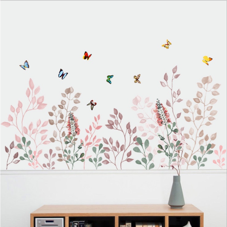 Decal dán tường trang trí chân tường -  BƯỚM NGŨ SẴC CÙNG HOA CỎ MÙA XUÂN THANH LỊCH