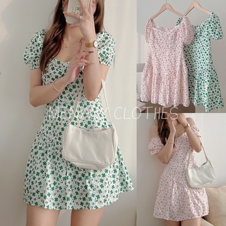 Váy hoa nhí vintage dáng dài cổ vuông tay bồng váy maxi qua gối nhiều màu dễ lựa chọn