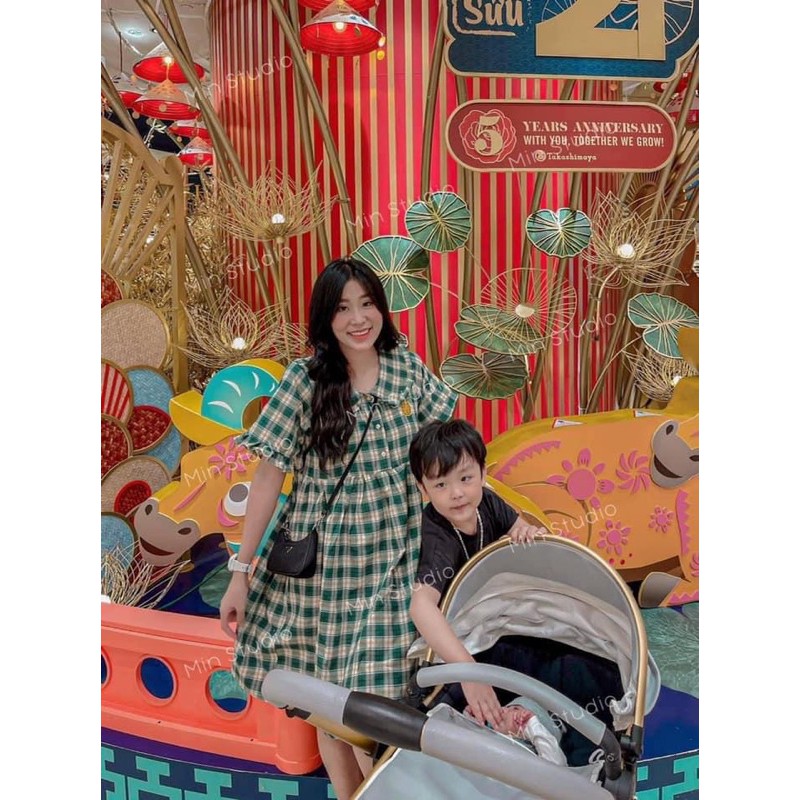 VÁY BABYDOLL KẺ XANH CỔ BÈO THÊU DỨA | BigBuy360 - bigbuy360.vn