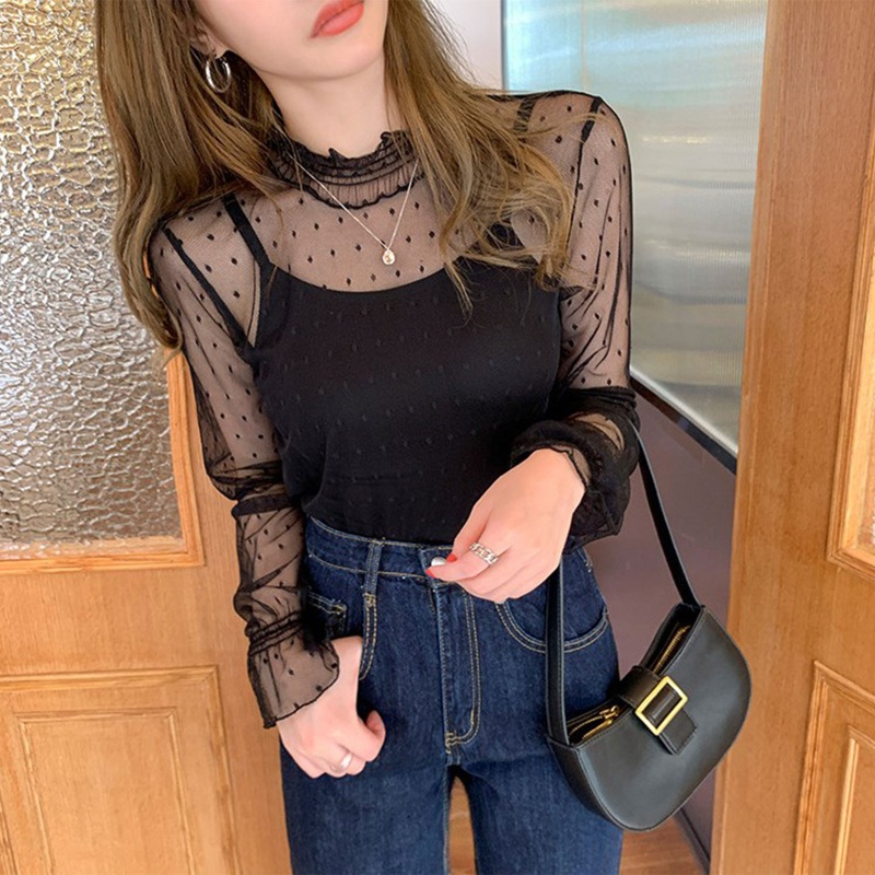 Brroa Áo Ren Xuyên Thấu Tay Dài Cổ Lọ Thanh Lịch Cho Nữ