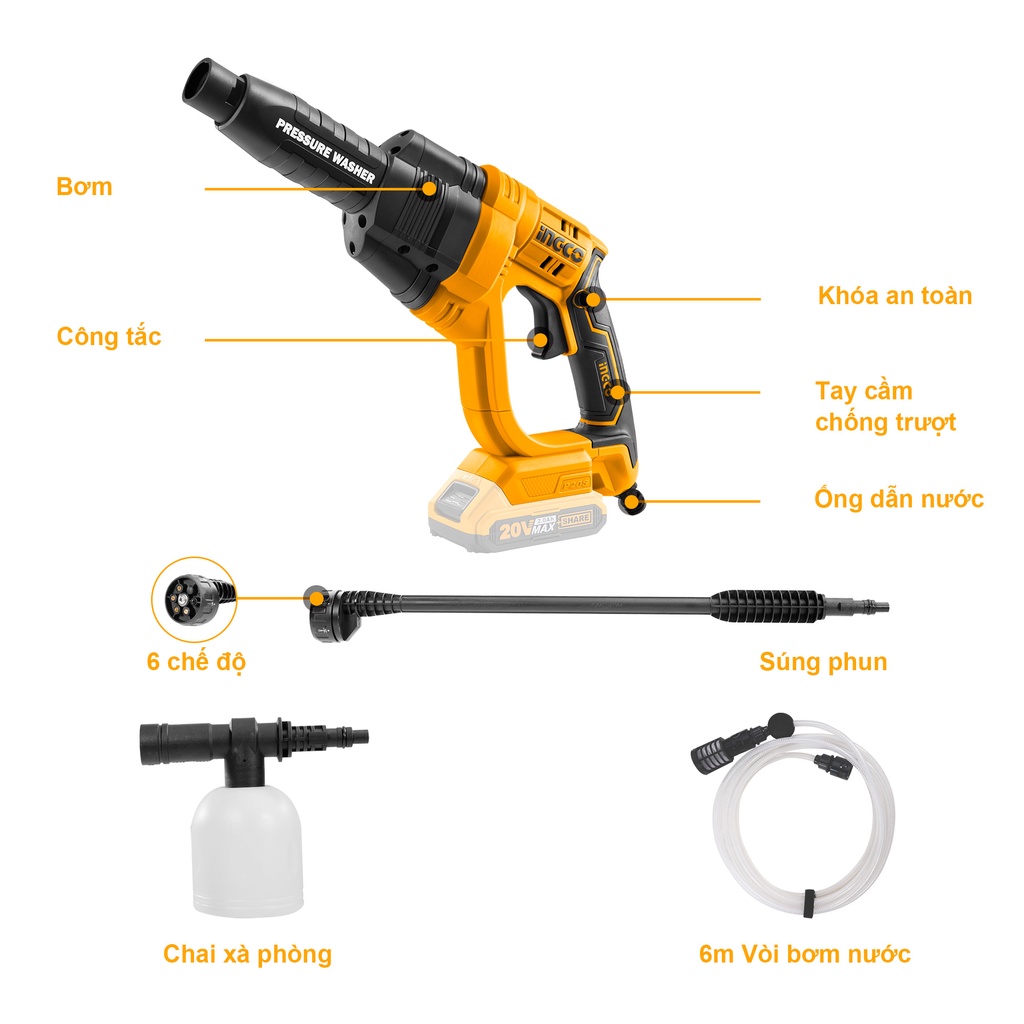 Máy rửa xe dùng pin 20V INGCO CPWLI2008 (Chưa bao gồm pin và sạc đi kèm)