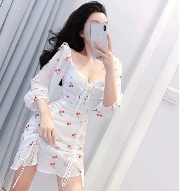 Đầm cherry trắng rút dây (kèm hình thật)