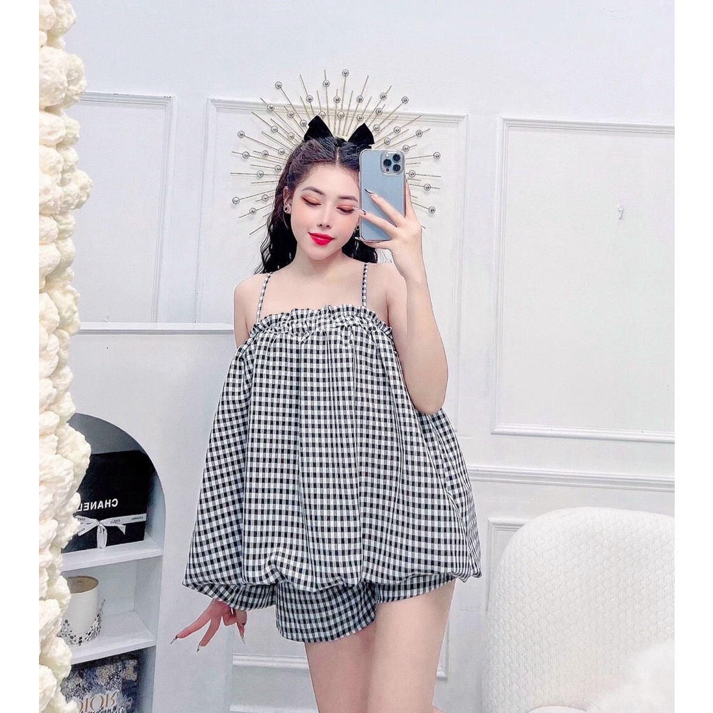 ( MIỄN PHÍ SHIP 2022) Set bộ ngủ nữ áo hai dây, set bộ bí caro nữ ngắn mặc ở nhà, đi chơi dễ thương