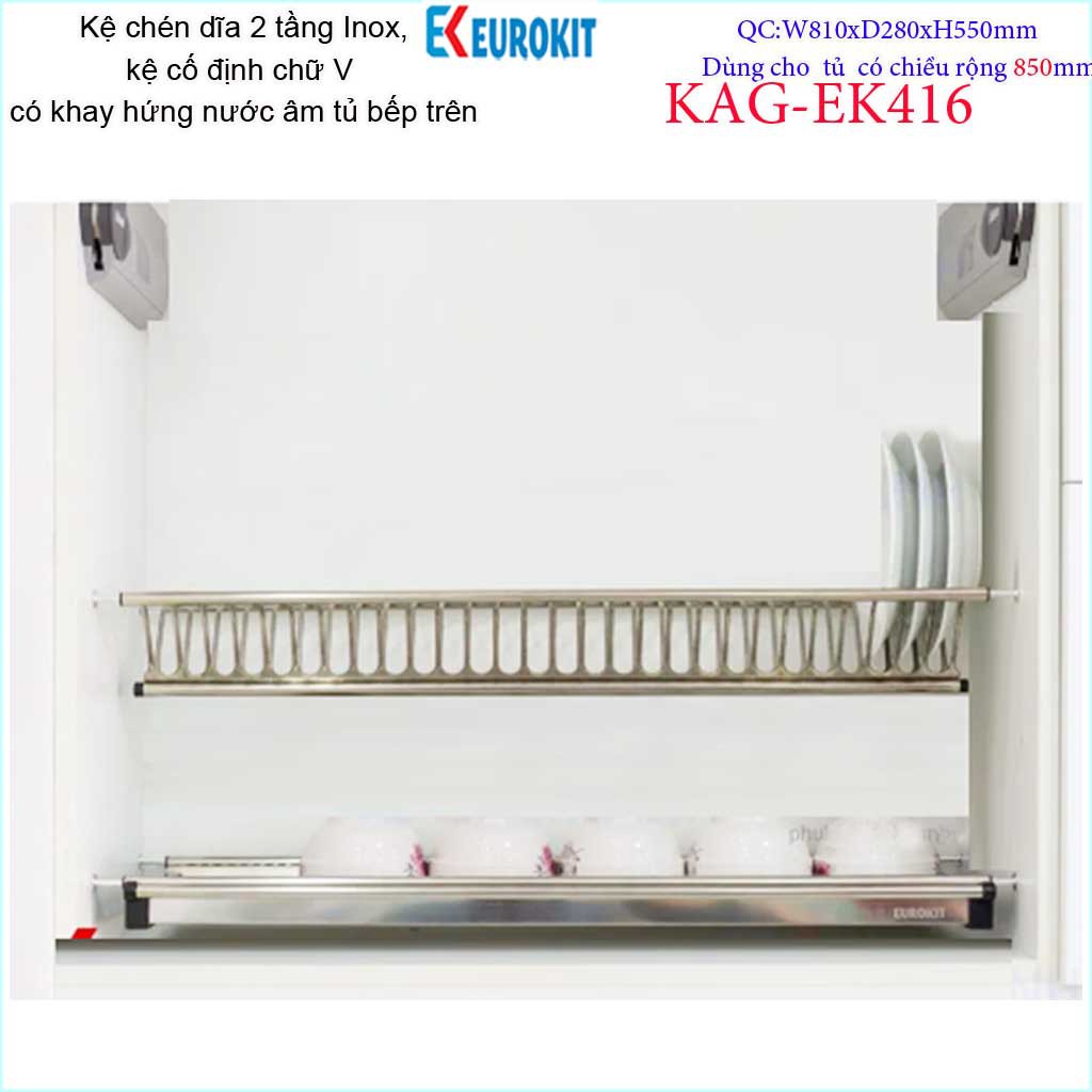 Kệ  chén dĩa âm tủ chữ V KAG-EK416-85cm, Kệ chén bát 2 tầng Eurokit inox bóng cao cấp