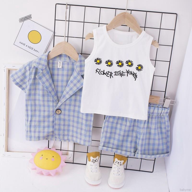 Set Áo Thun Ngắn Tay Cổ Tròn + Áo Khoác Vest + Quần Short Ca Rô Đáng Yêu Cho Bé Trai Gái