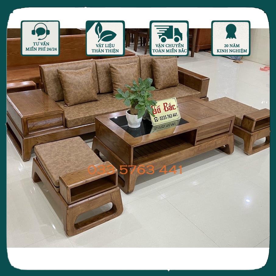 Bộ ghế sofa phòng khách văng dài 2m3 gỗ sồi nga 100% 3 món gồm 1 văng sofa và 1 bàn trà sofa và 1 đôn ngồi .