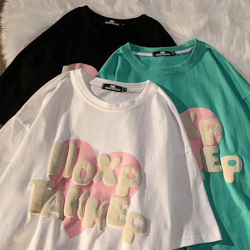 100% cotton Áo Thun Tay Ngắn In Hình Trái Tim Phong Cách Hàn Quốc Thời Trang Mùa Hè Mới Cho Nữ 2023