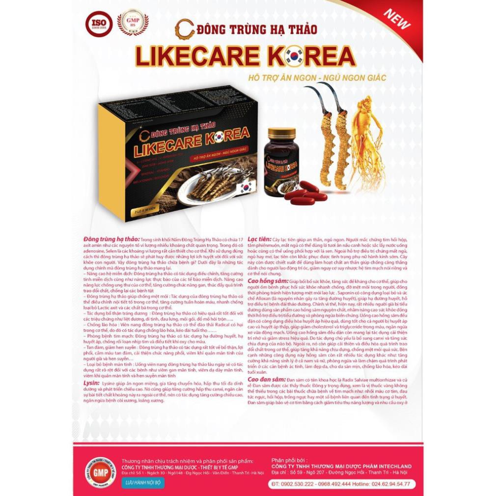 [ĐÔNG TRÙNG HẠ THẢO]  ĐÔNG TRÙNG HẠ THẢO LIKE CARE KOREA Viên uống hỗ trợ ăn ngon ngủ tốt bồi bổ cơ thể | BigBuy360 - bigbuy360.vn
