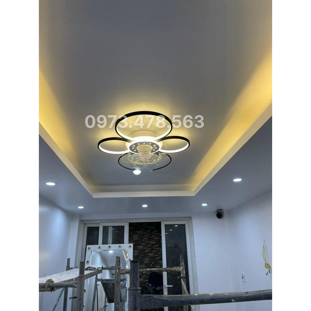 Đèn ốp trần kết hợp quạt đảo xoay 360 độ có điều khiển từ xa ánh sáng Led 3 màu trang trí phòng khách