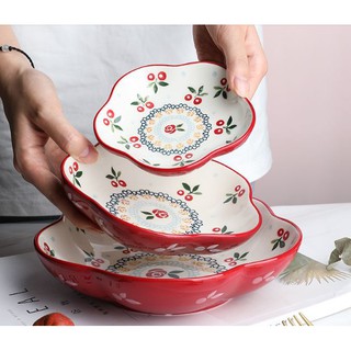 [CÓ SẴN] Đĩa bông hoa họa tiết vẽ tay thủ công Cherry đỏ
