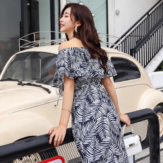 Váy maxi trễ vai hoạ tiết lá