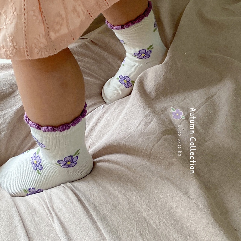 𝗦𝗵𝗼𝗽 𝗠𝗲̣ 𝗕𝗼𝗯 𝟴𝟲 - Set 5 Đôi Tất Cotton Phong Cách Hàn Quốc Họa Tiết Hoa Tím Vintage Cho Bé Gái (1-12 tuổi)