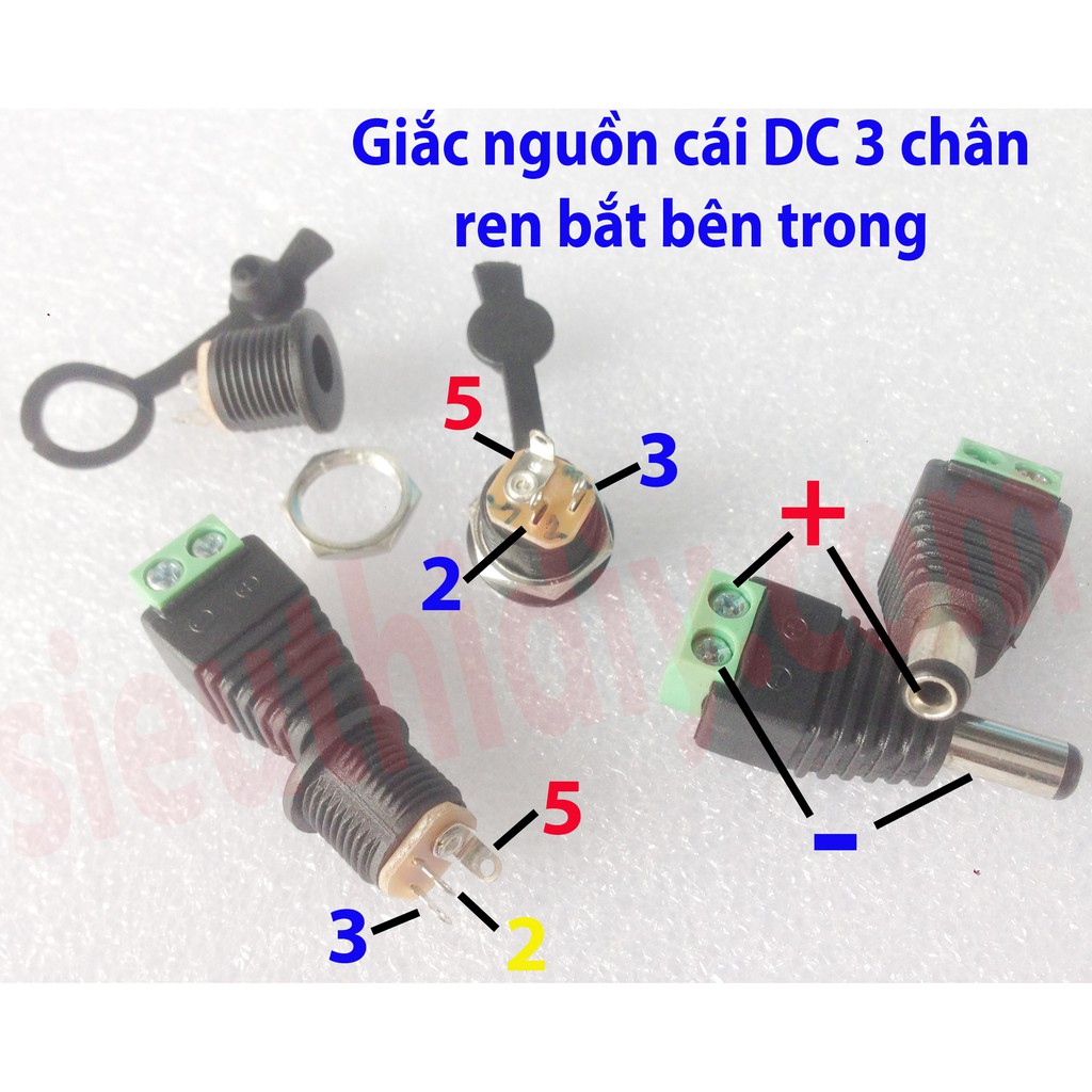 Giắc nguồn 5.5x2.1mm -5.5x2.5mm DC cái 3 chân Đồng bắt ốc bên trong