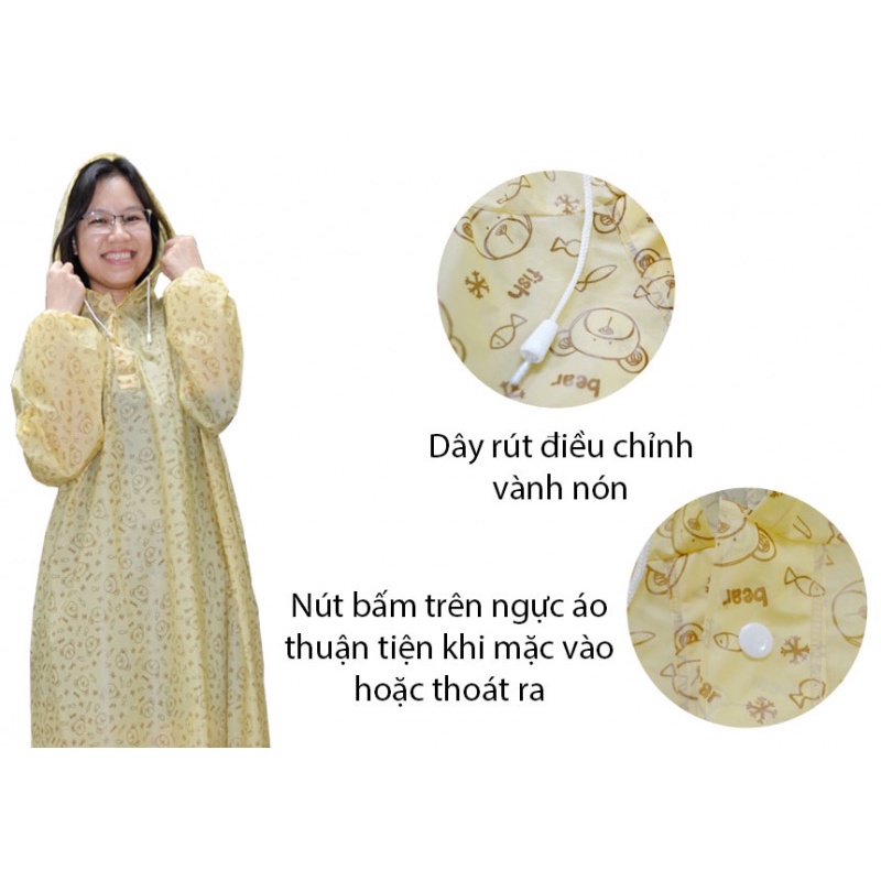 Áo Mưa Bít Sườn Mặc 1 Người EVA, Chính Hãng RANDO, Họa Tiết Gấu Và Cá, Nhựa Thân Thiện Môi Trường, Không Thấm Nước