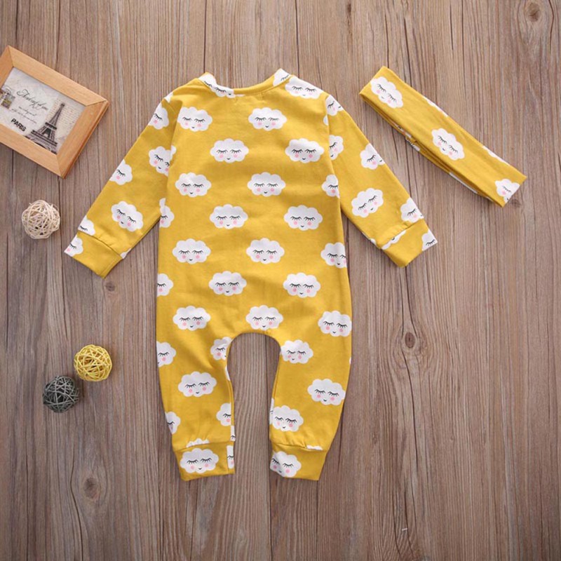 Jumpsuit cotton dài tay, in họa tiết đám mây dễ thương cho bé gái