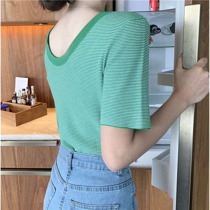 Áo ZHELIHANGFEI dệt kim tay ngắn cổ chữ U họa tiết sọc thời trang mùa hè quyến rũ dành cho nữ