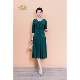 Đầm thun hàn cổ V đá dây lá Ladyshop thời trang trung niên cao cấp TK849