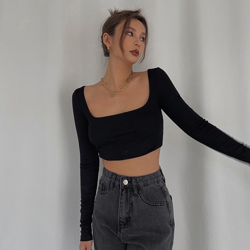 Áo Croptop Cổ Vuông Dáng Ôm Thời Trang Quyến Rũ Cho Nữ