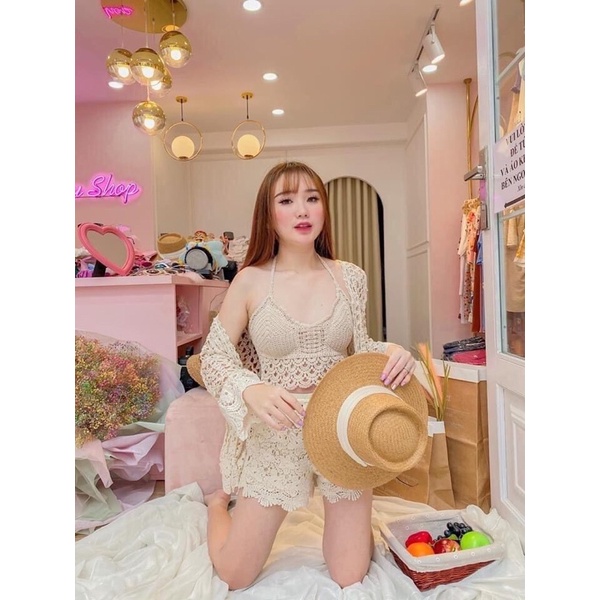 Bikini đồ bơi nữ đi biển len đồng xu mix quần len đai thun