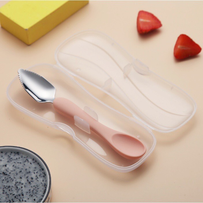 Thìa Nạo Nhỏ Hoa Quả, Thìa 2 trong 1, Muỗng Ăn Dặm 2 in 1 Đầu Silicon và Inox 304 Babibu-T2IN1