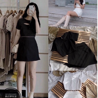 Set đầm đi chơi bigsize áo crop khoét ngực, chân váy form chữ A xẻ lai 55-90kg - BZ010