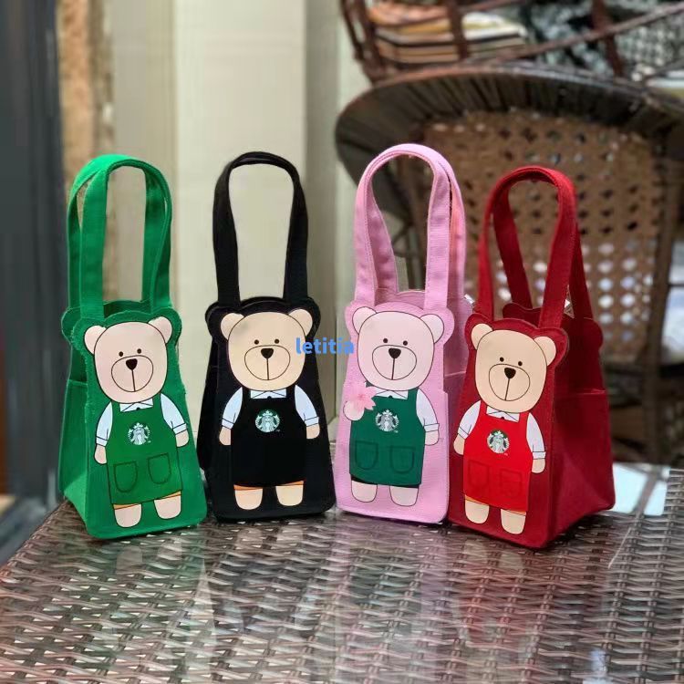 Bình Giữ Nhiệt Cao Cấp Starbucks Gấu Vải Bộ Đựng Túi Xách Nữ Vuông Di Động Nước Giải Khát Túi