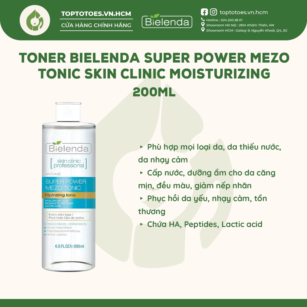 Toner Bielenda Super Power Mezo Tonic Skin Clinic Correcting làm căng bóng, mờ thâm/ Moisturizing cấp nước, dưỡng ẩm