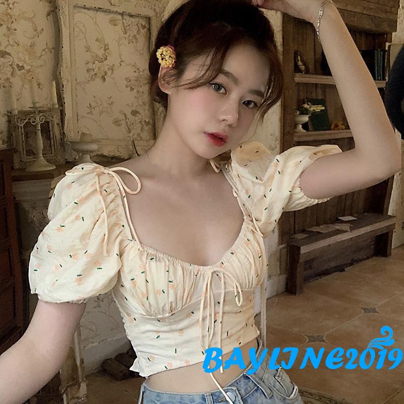 Áo croptop trễ vai tay phồng ngắn in họa tiết hoa thời trang mùa hè cho nữ