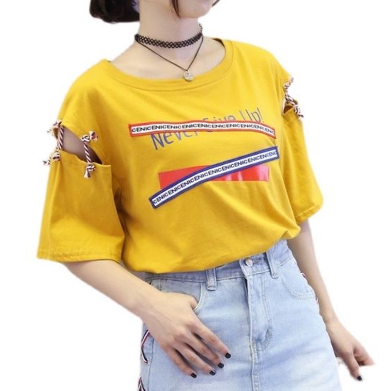 Áo Thun Tay Ngắn Phối Dây Ruy Băng Độc Đáo 162623 Áo Thun Cổ Tròn Dáng Rộng Trễ Vai Theo Phong Cách Preppy