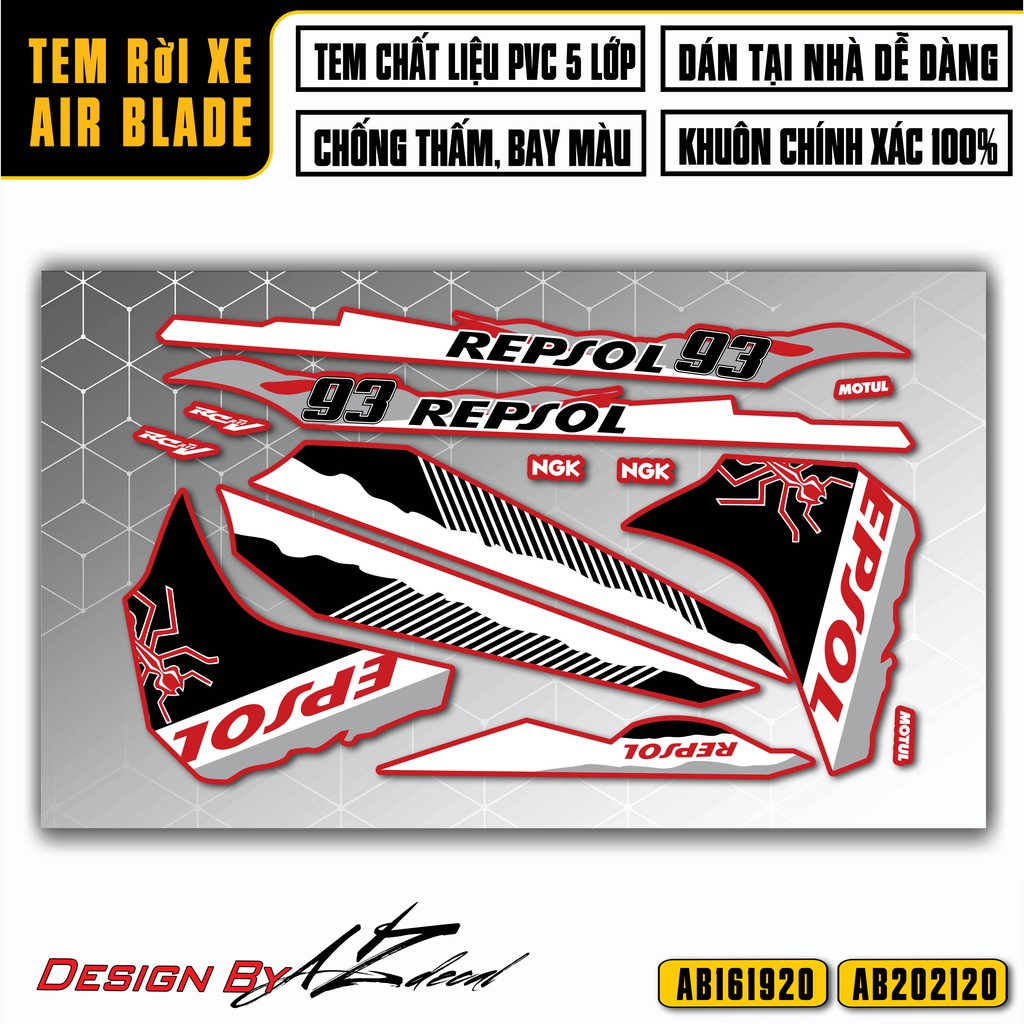 Tem Repsol Xe Airblade, Đa Dạng Màu Tem | AB20 | Chất Liệu Decal PVC Cao Cấp Chống Nước, Chống Bay Màu