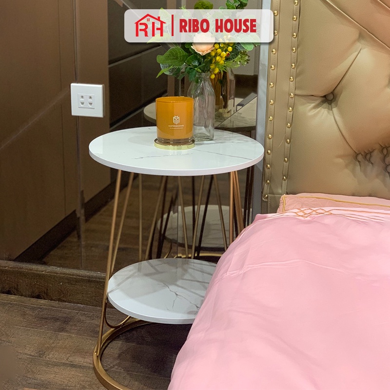 Bàn trà sofa RIBO HOUSE mặt bàn đá khung kim loại sơn tĩnh điện tab 2 tầng trang trí phòng khách ban công mẫu 7 RIBO175