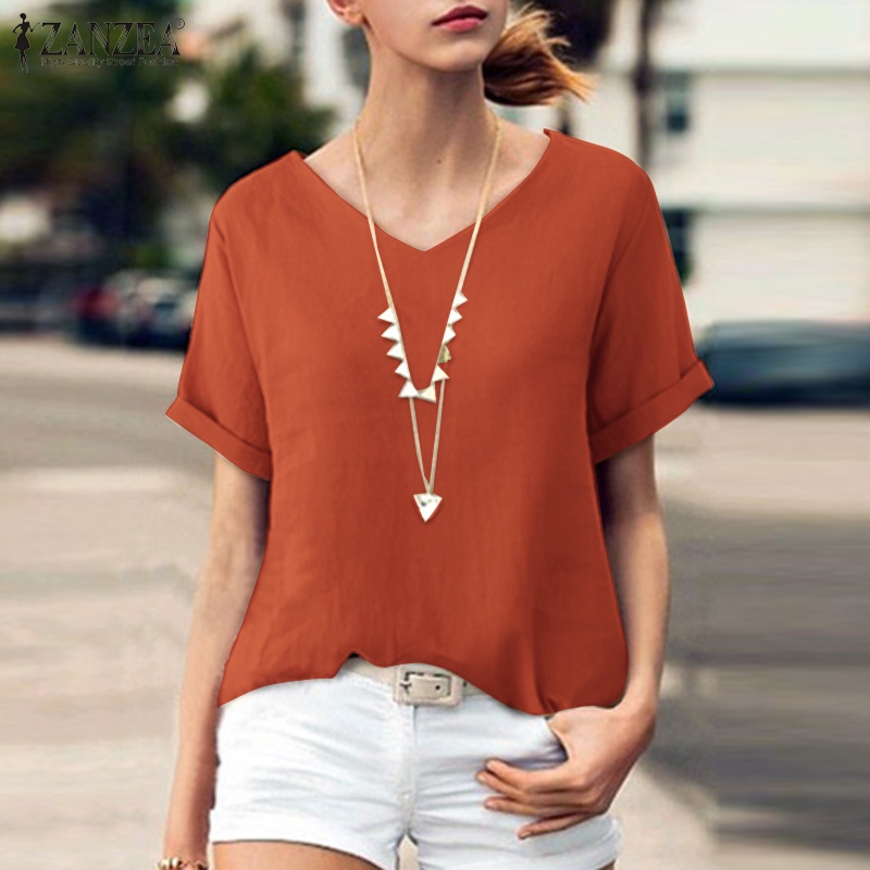Áo kiểu ZANZEA từ cotton tay ngắn cổ chữ V dáng rộng màu trơn tùy chọn thời trang cho nữ
