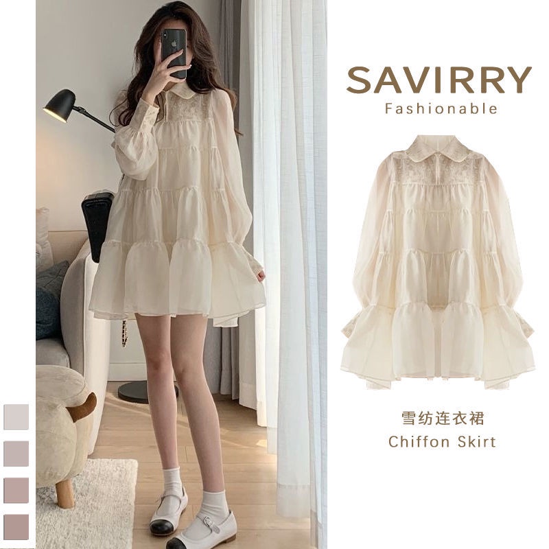 2022 spring and summer new large size slim French Hepburn chic minority design Chiffon white dress fashion
