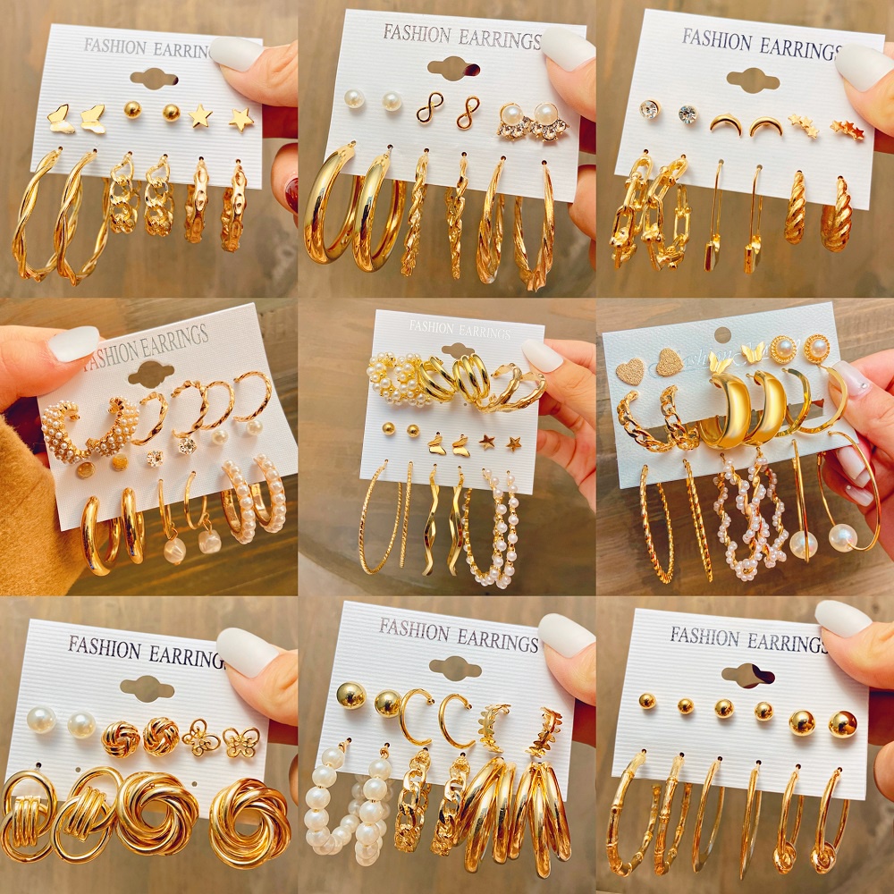 Set bông tai tròn mạ vàng đính ngọc trai giả phong cách thời trang sang trọng cổ điển