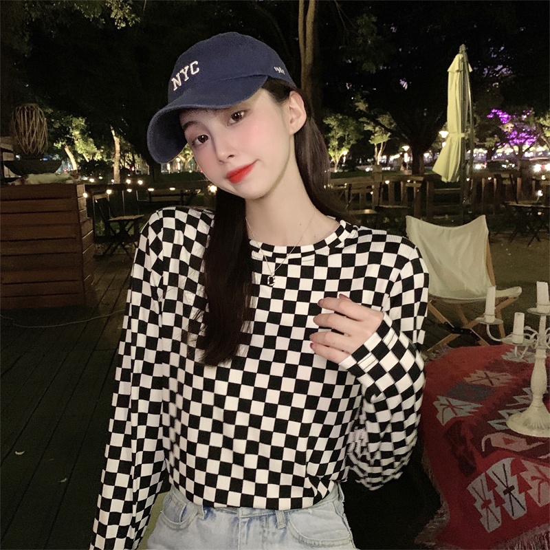 【ZHELIHANGFEI】Áo Thun Tay Dài Cổ Tròn Họa Tiết Sọc Caro Thời Trang