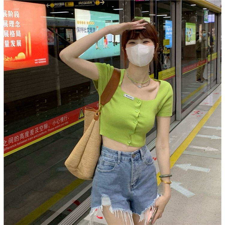 Xiaozhainv Áo sweater Croptop Cổ Vuông Kiểu Hàn Quốc Thiết Kế Quyến Rũ Cho Nữ