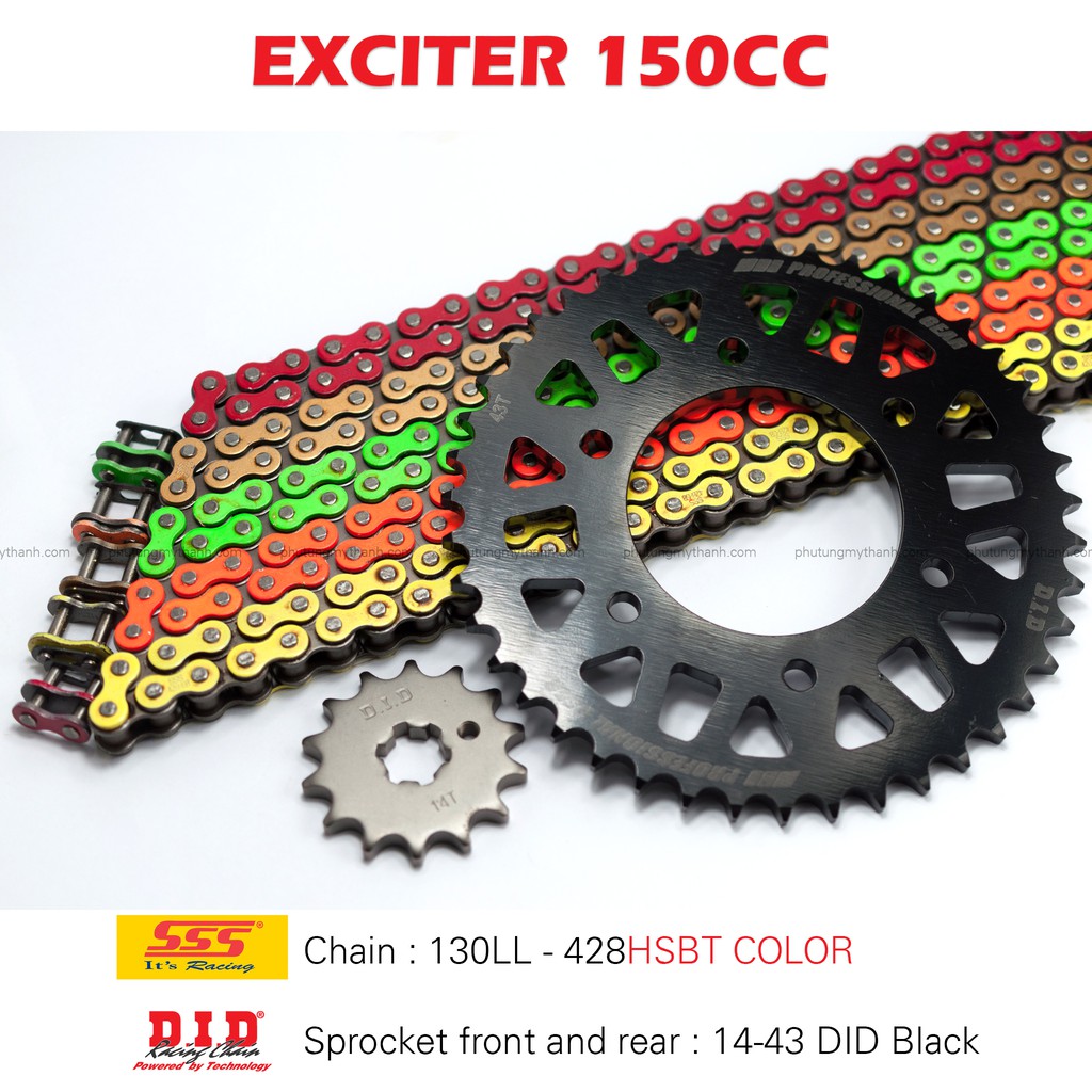Nhông sên dĩa Exciter 150 14-43 sên màu 10 ly SSS , dĩa DID đen