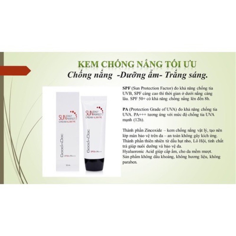 Kem chống nắng GoodnDoc Sun Cream Daily Perfect SPF50/PA+++ dành cho mọi loại da - Tuýp 50ml