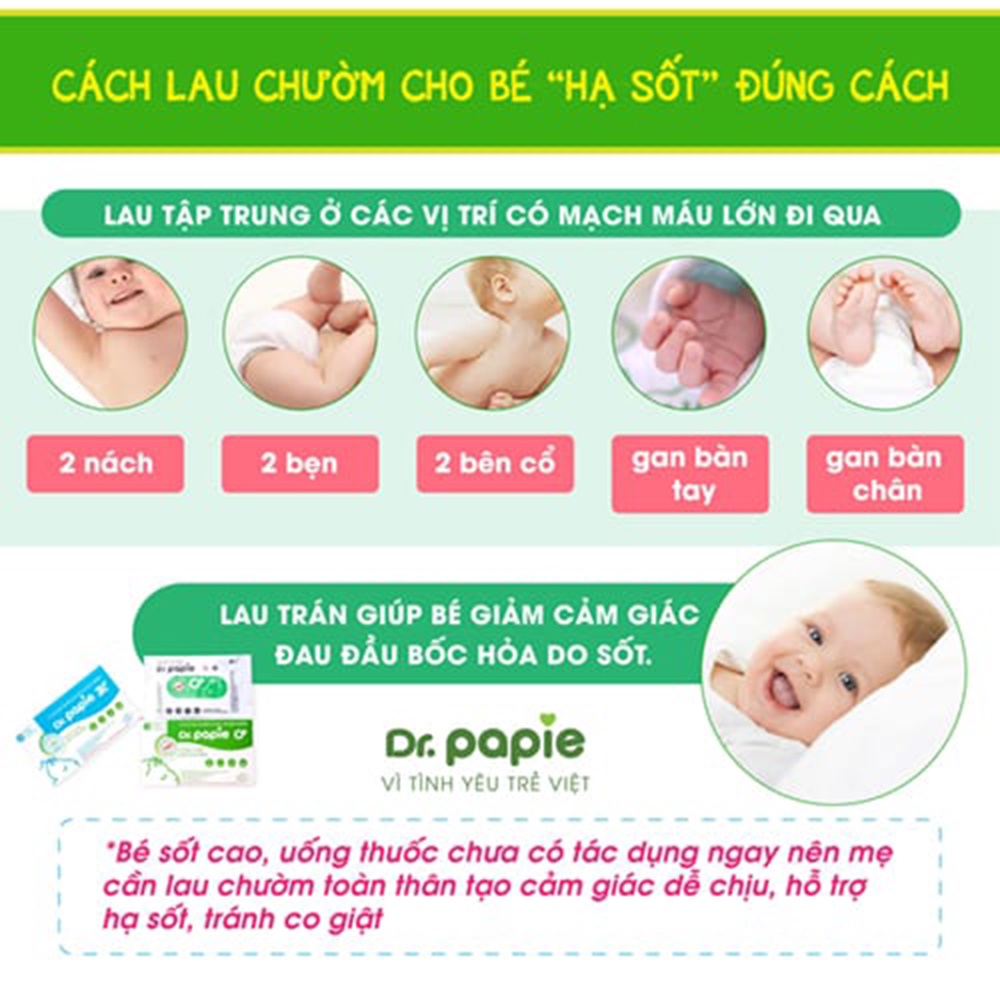 Khăn lau hạ sốt Dr Papie - Thành phần tự nhiên - giúp giảm nhiệt nhanh, an toàn cho trẻ sơ sinh - Hộp 25 tờ