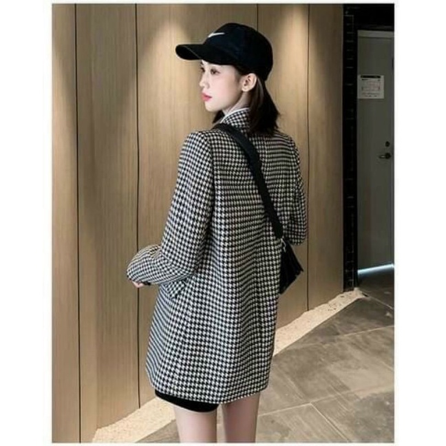 Hàng nhập - Áo khoác dạ nữ caro răng sói trẻ trung, áo blazer cổ vest 6 nút