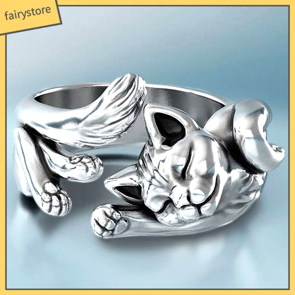 Nhẫn Hở Mạ Bạc Hình Mèo Ngủ Phong Cách Vintage