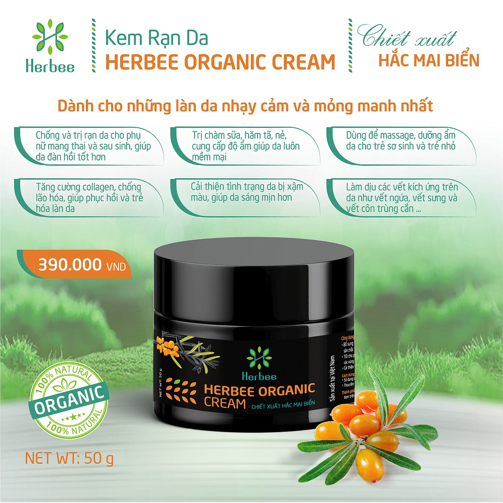 Kem Rạn Da Herbee Organic Cream (50g) | Tăng Cường Ngăn Ngừa và Hỗ Trợ Điều Trị Rạn Da Cho Mẹ Bầu, Phụ Nữ Sau Sinh