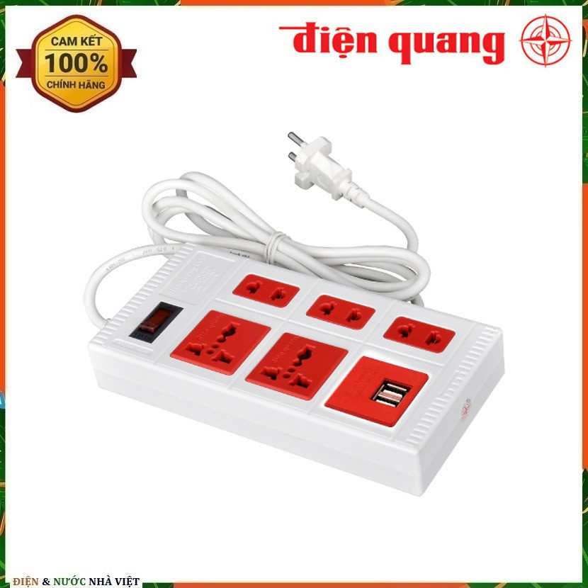 Ổ CẮM ĐIỆN QUANG CÔNG TẮC RESET BẢO VỆ QUÁ TẢI ĐA NĂNG 2 CỔNG SẠC USB ĐQ 2A–CÔNG SUẤT 2500W–2 MÉT & 5 MÉT DÂY